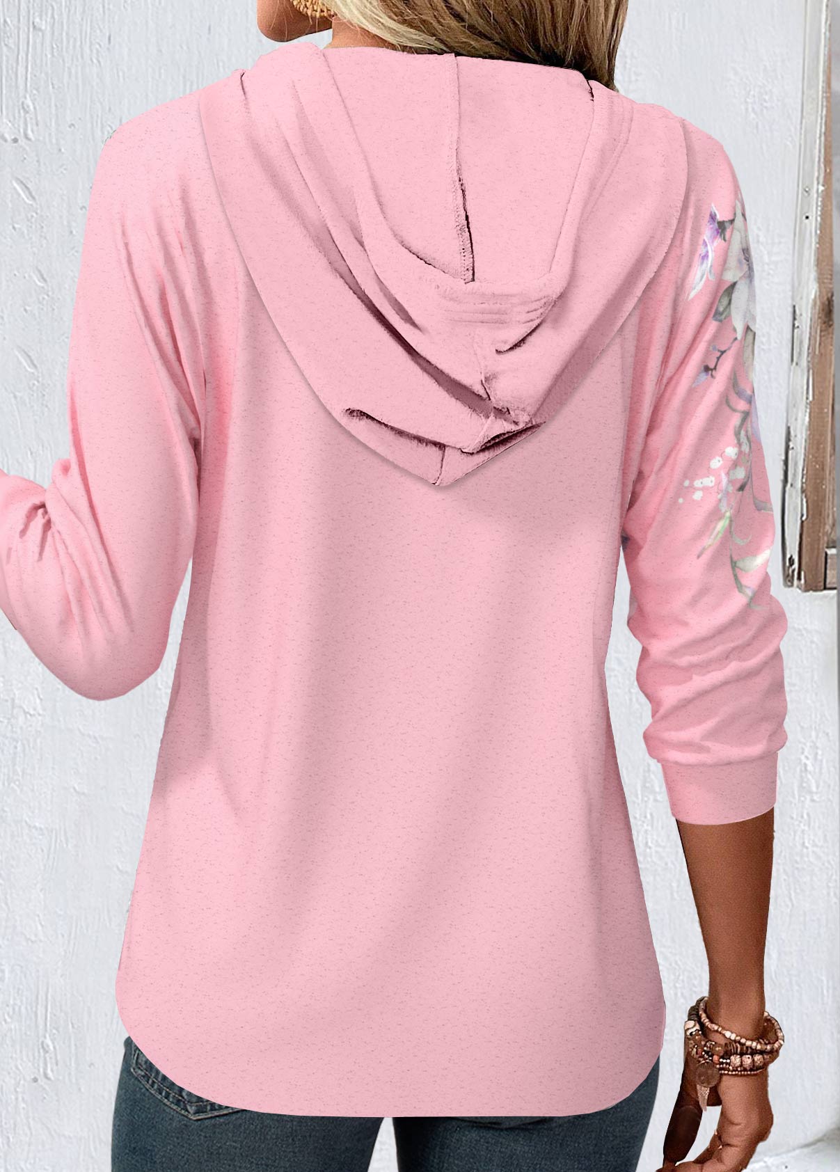 Pink Button Floral Print Long Sleeve Hoodie