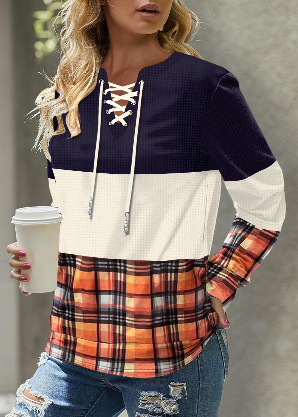 Multi Color Patchwork Plaid Long Sleeve Sweatshirt | picture 