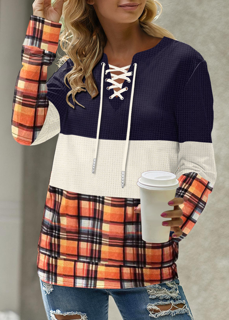 Multi Color Patchwork Plaid Long Sleeve Sweatshirt | picture 