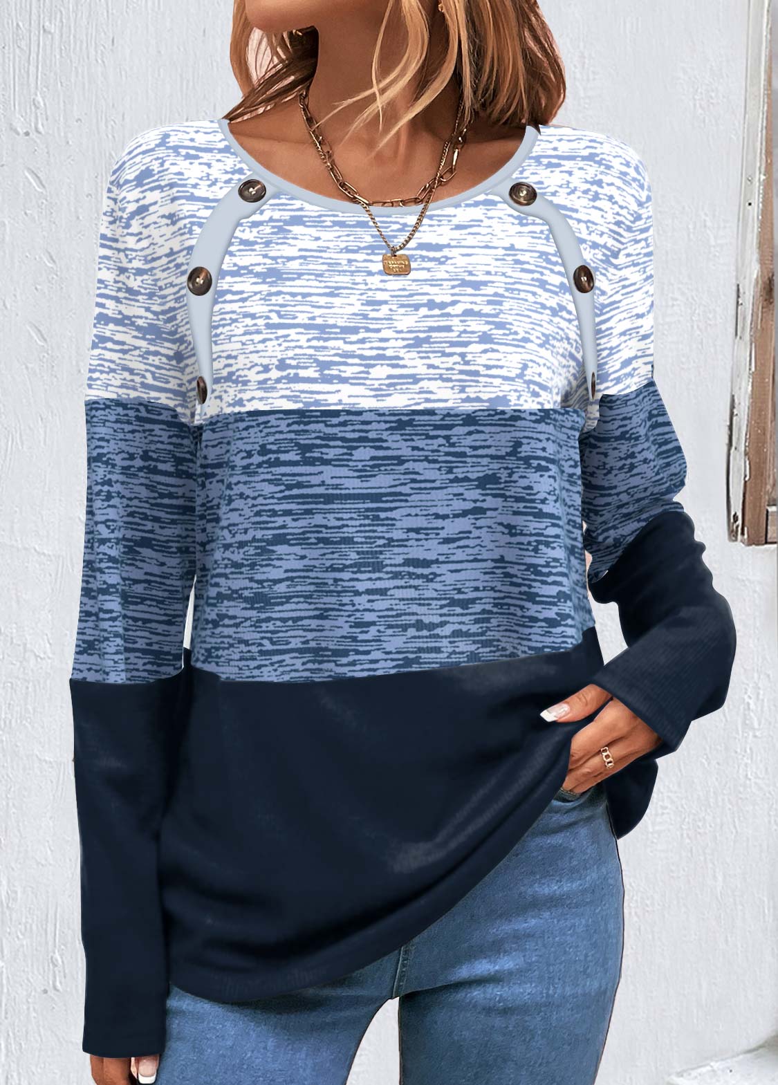 Blue Patchwork Striped Long Sleeve Round Neck Sweatshirt