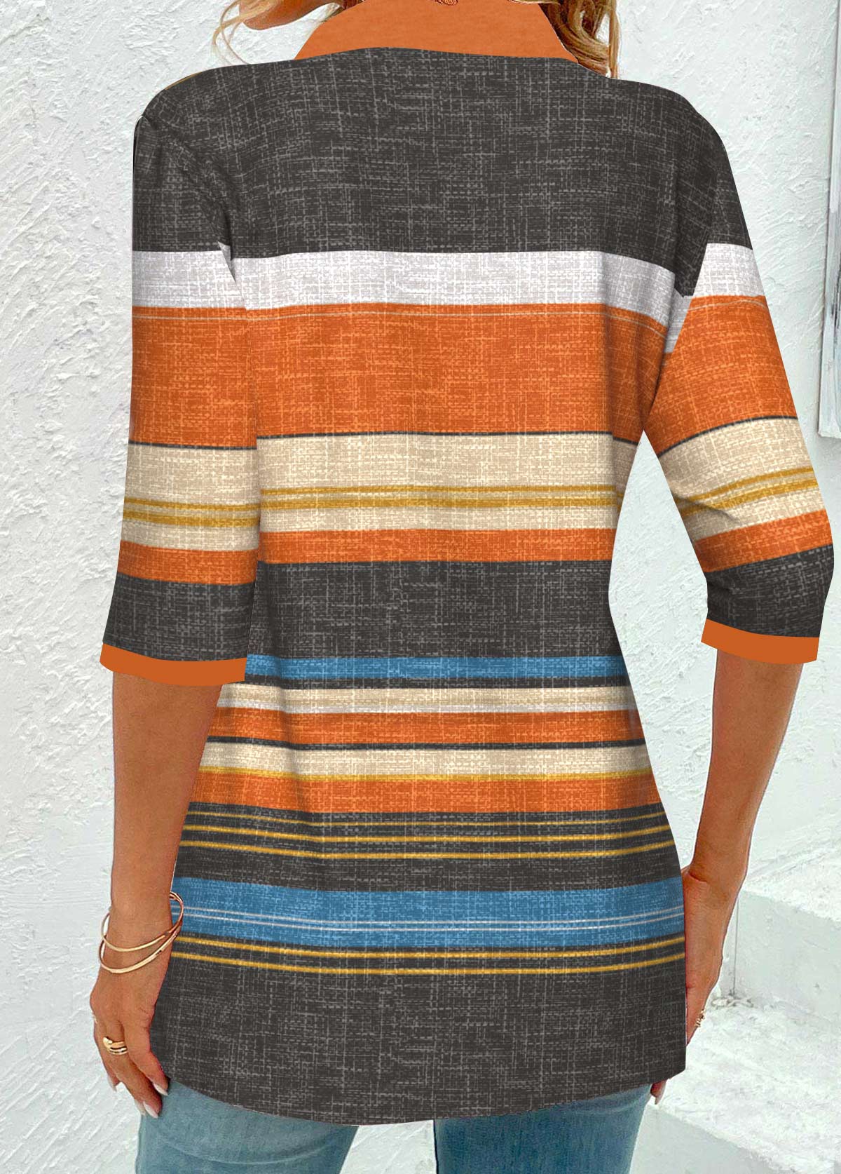 Orange Eyelet Striped Three Quarter Length Sleeve Blouse | modlily.com ...