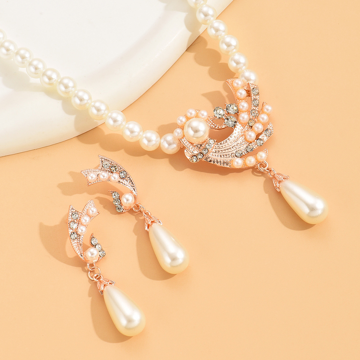 Pearl Rose Gold Necklace and Earrings