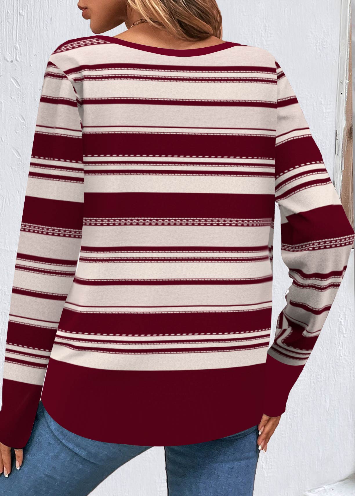 Wine Red Button Striped Long Sleeve Sweatshirt