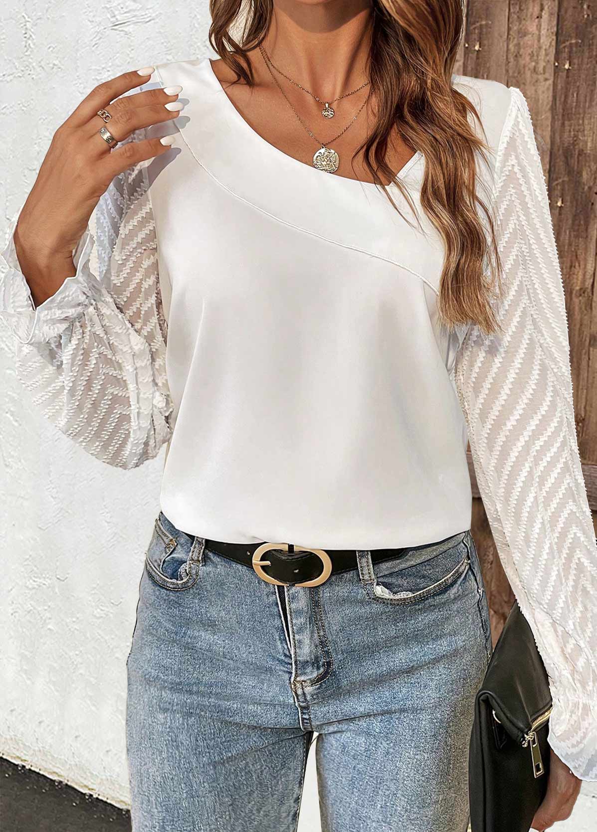 White Ruched Long Sleeve Asymmetrical Neck T Shirt | picture 