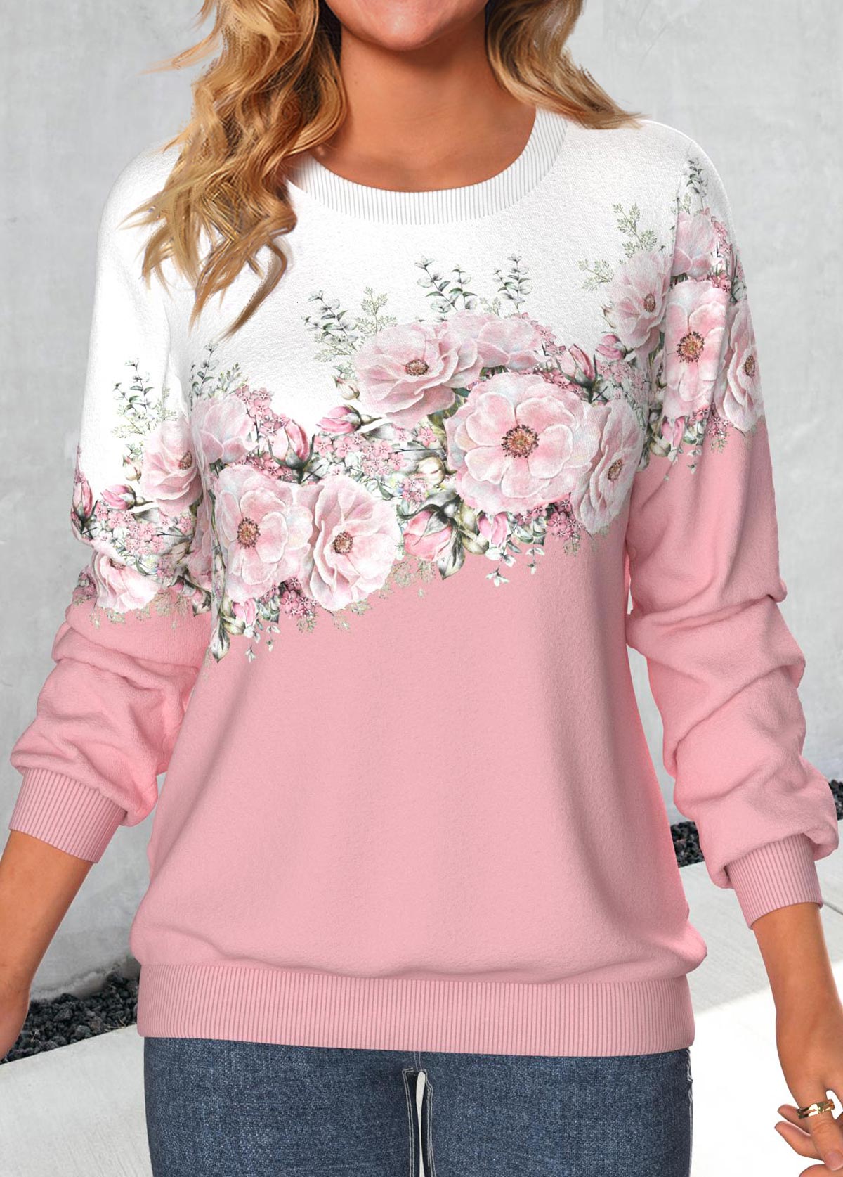 Valentine's Day Pink Patchwork Floral Print Long Sleeve Sweatshirt | picture 