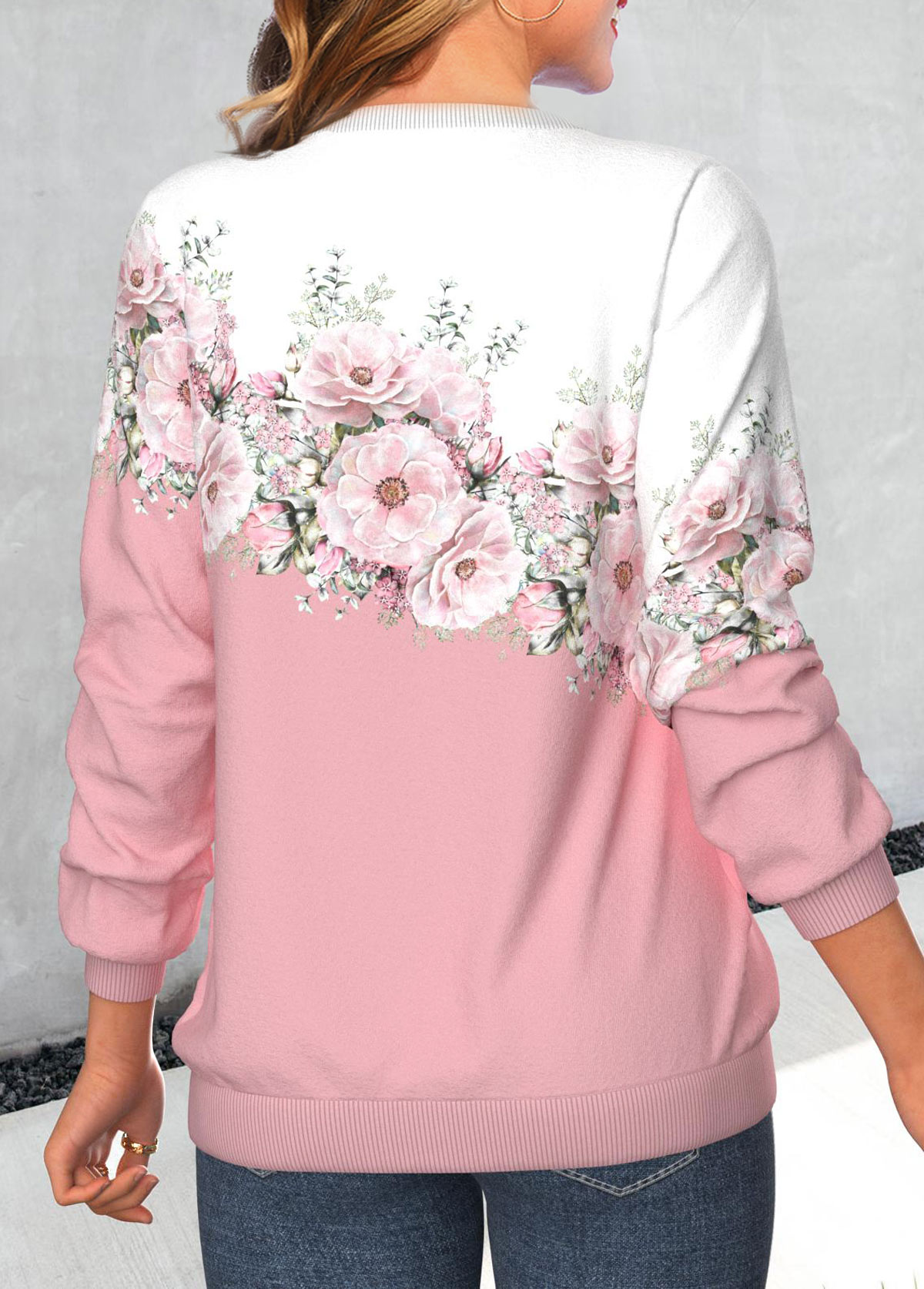 Valentine's Day Pink Patchwork Floral Print Long Sleeve Sweatshirt | picture 