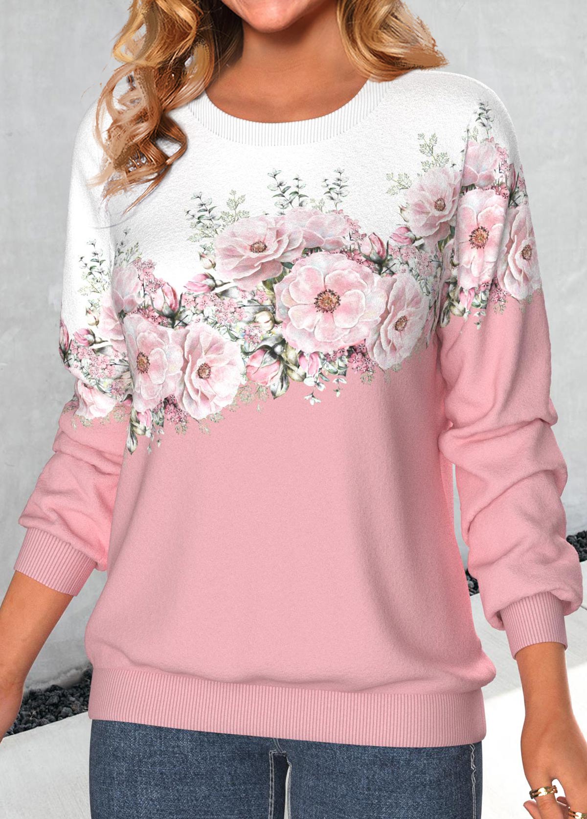 Valentine's Day Pink Patchwork Floral Print Long Sleeve Sweatshirt