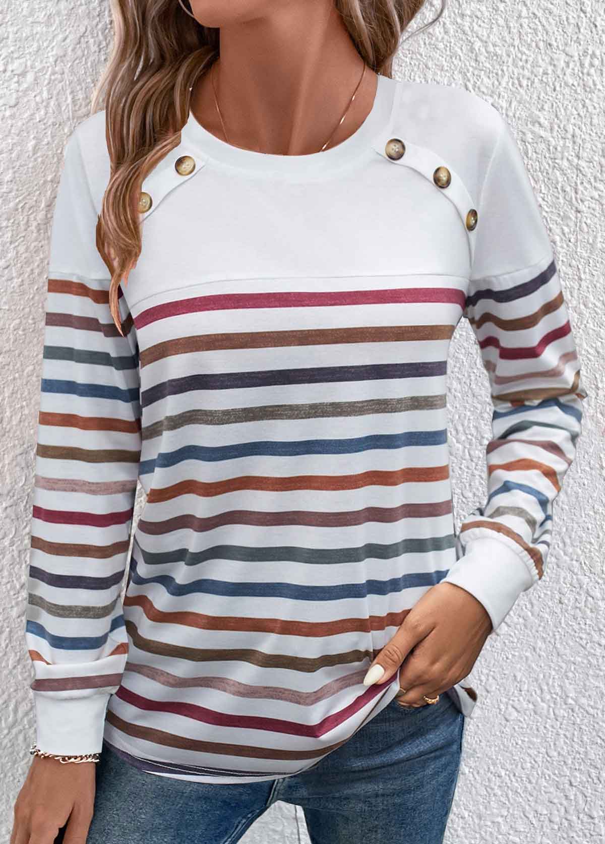 White Patchwork Striped Long Sleeve T Shirt