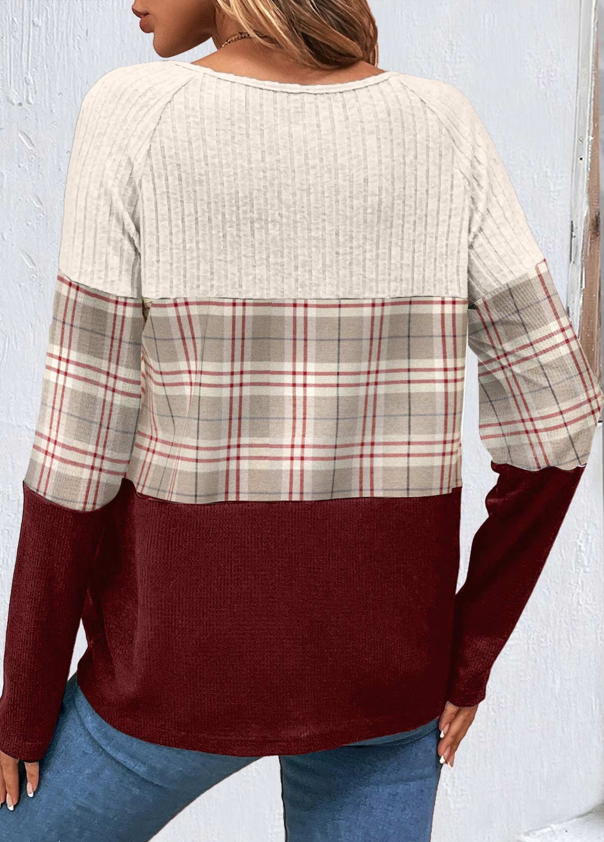 Wine Red Patchwork Plaid Long Sleeve Sweatshirt
