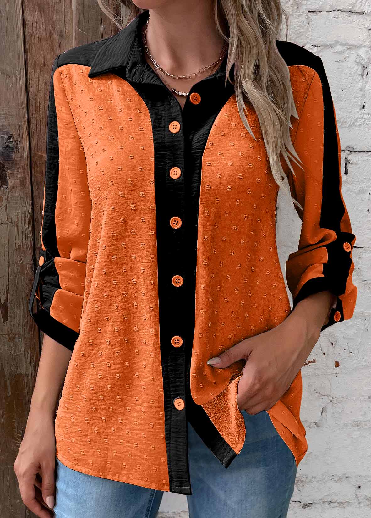 Orange Patchwork Long Sleeve Shirt Collar Blouse