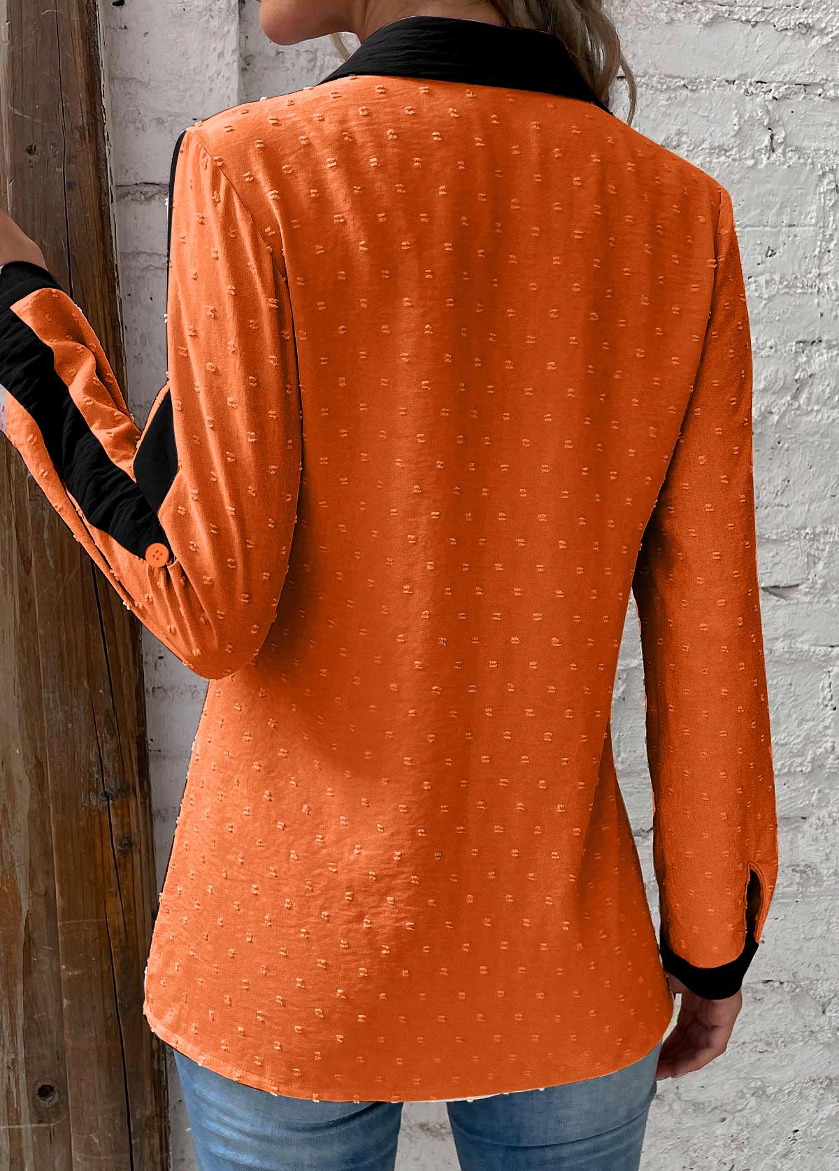 Orange Patchwork Long Sleeve Shirt Collar Blouse