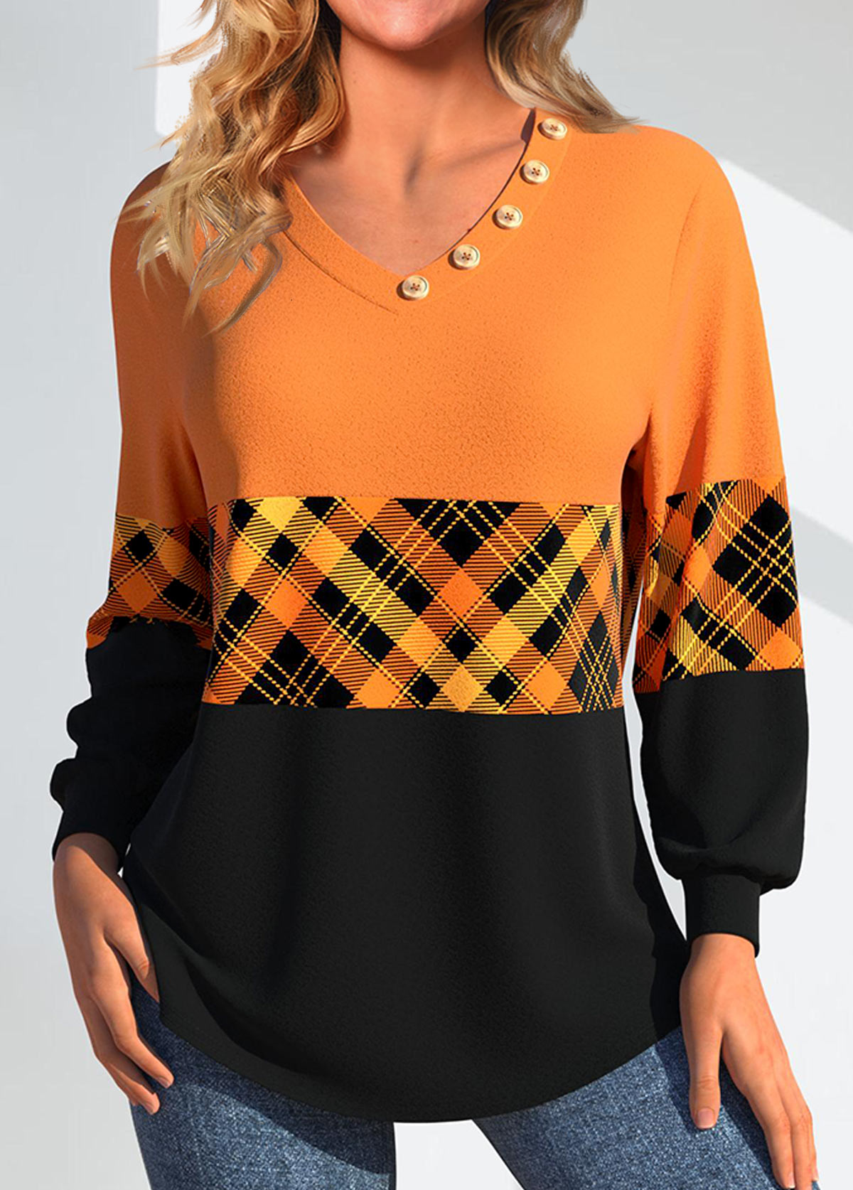 Orange Patchwork Plaid Long Sleeve V Neck Sweatshirt