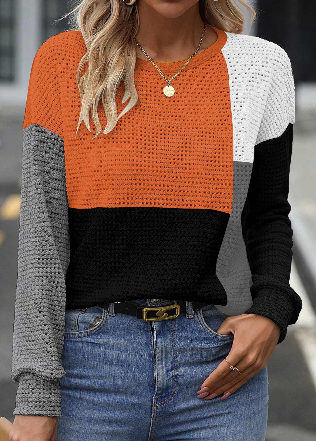 Multi Color Patchwork Long Sleeve Round Neck Sweatshirt