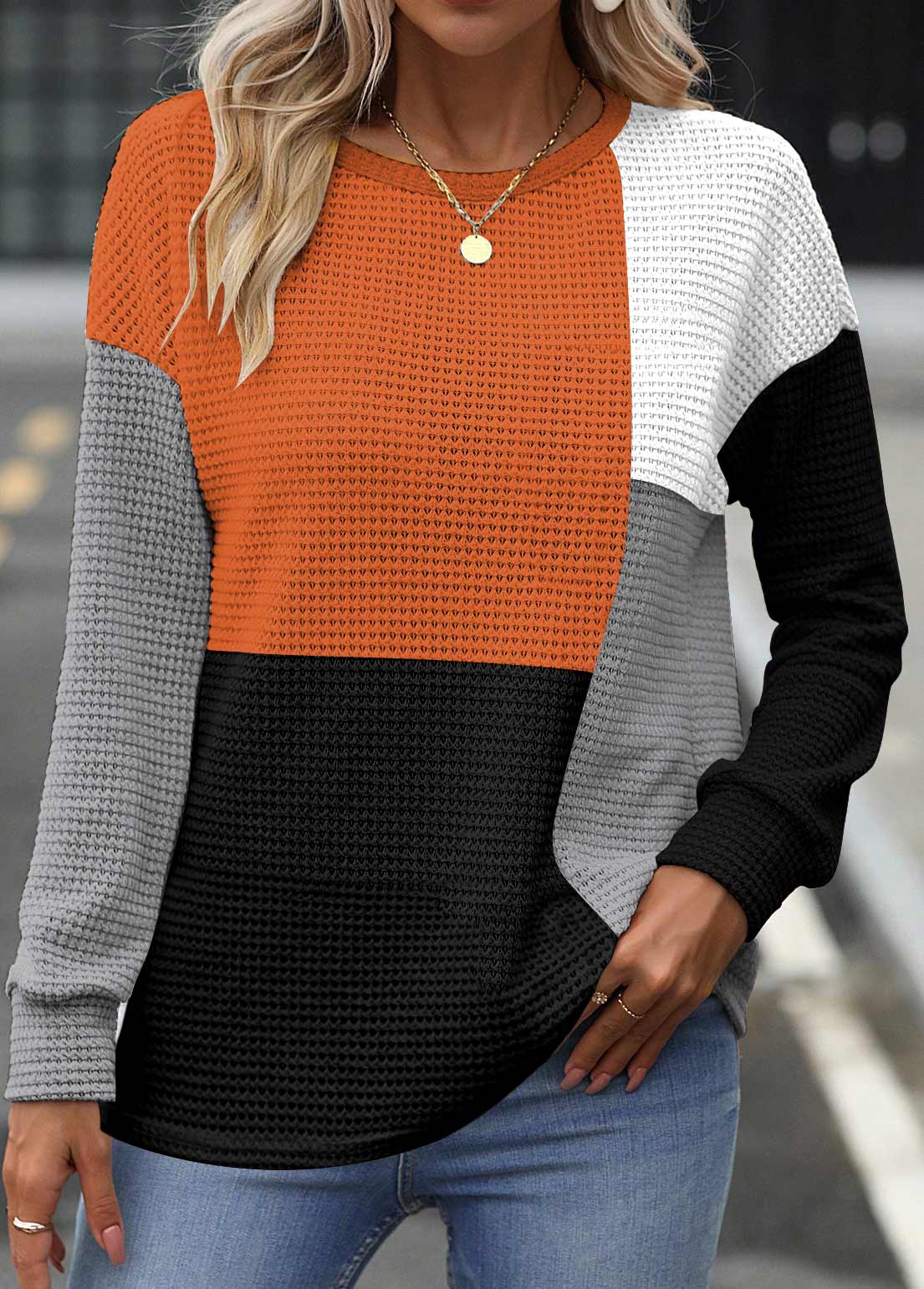 Multi Color Patchwork Long Sleeve Round Neck Sweatshirt