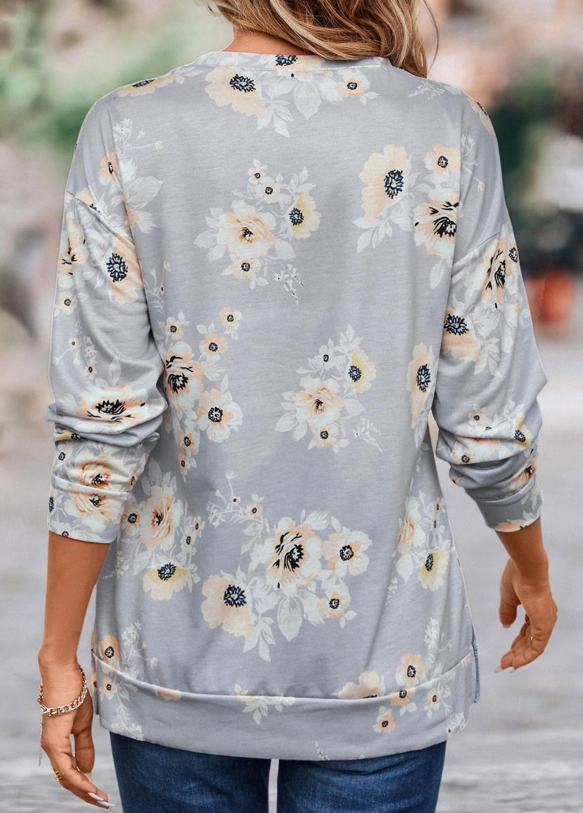 Grey Patchwork Floral Print Long Sleeve Sweatshirt