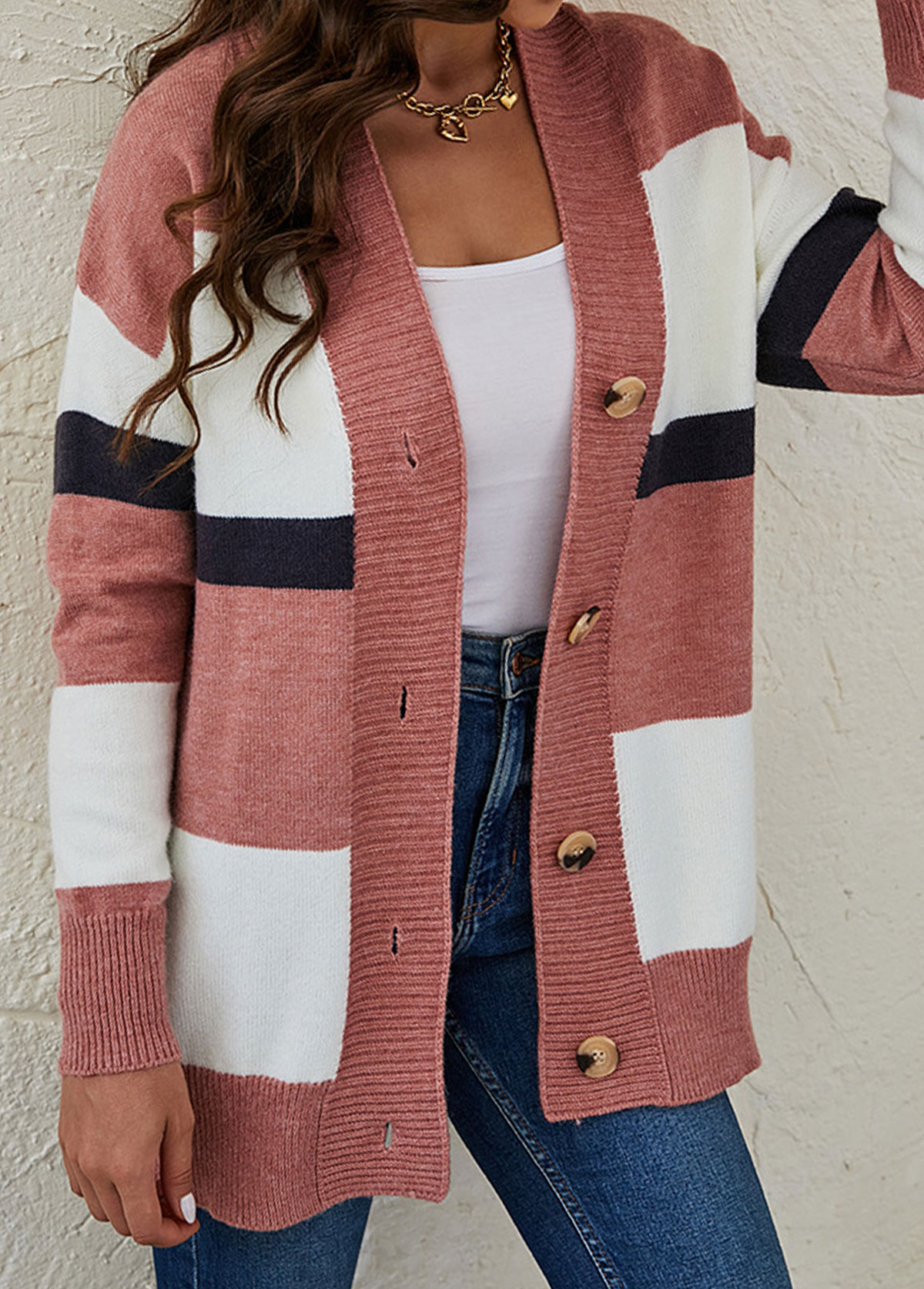 Pink Button Striped Long Sleeve Cardigan