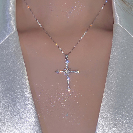 Silver Cross Alloy Rhinestone detail Necklace