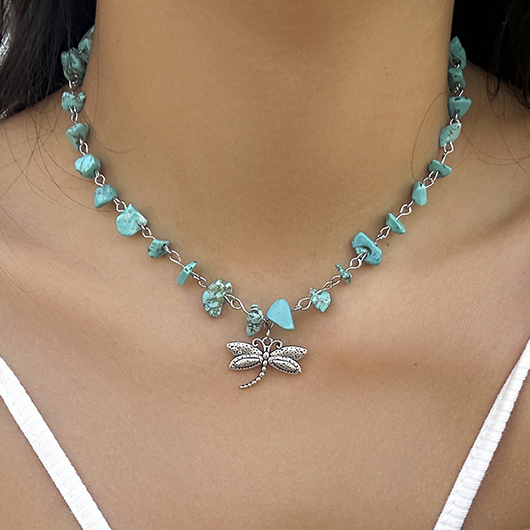 Cyan Alloy Detail Dragonfly Design Necklace
