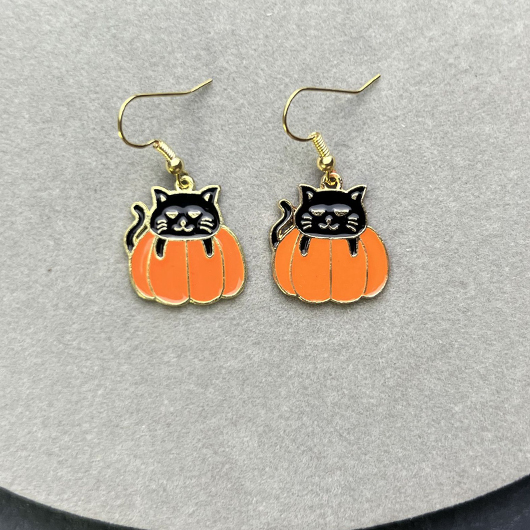 Orange Alloy Halloween Cat Pumpkin Earrings