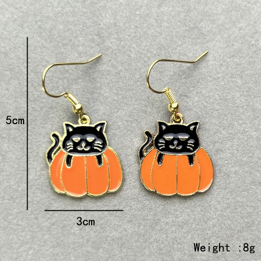 Orange Alloy Halloween Cat Pumpkin Earrings