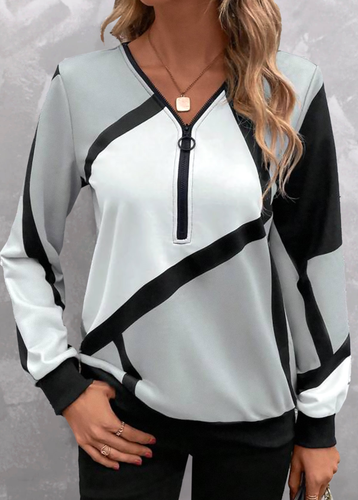 Modlily Light Grey Zipper Geometric Print Long Sleeve Sweatshirt - S