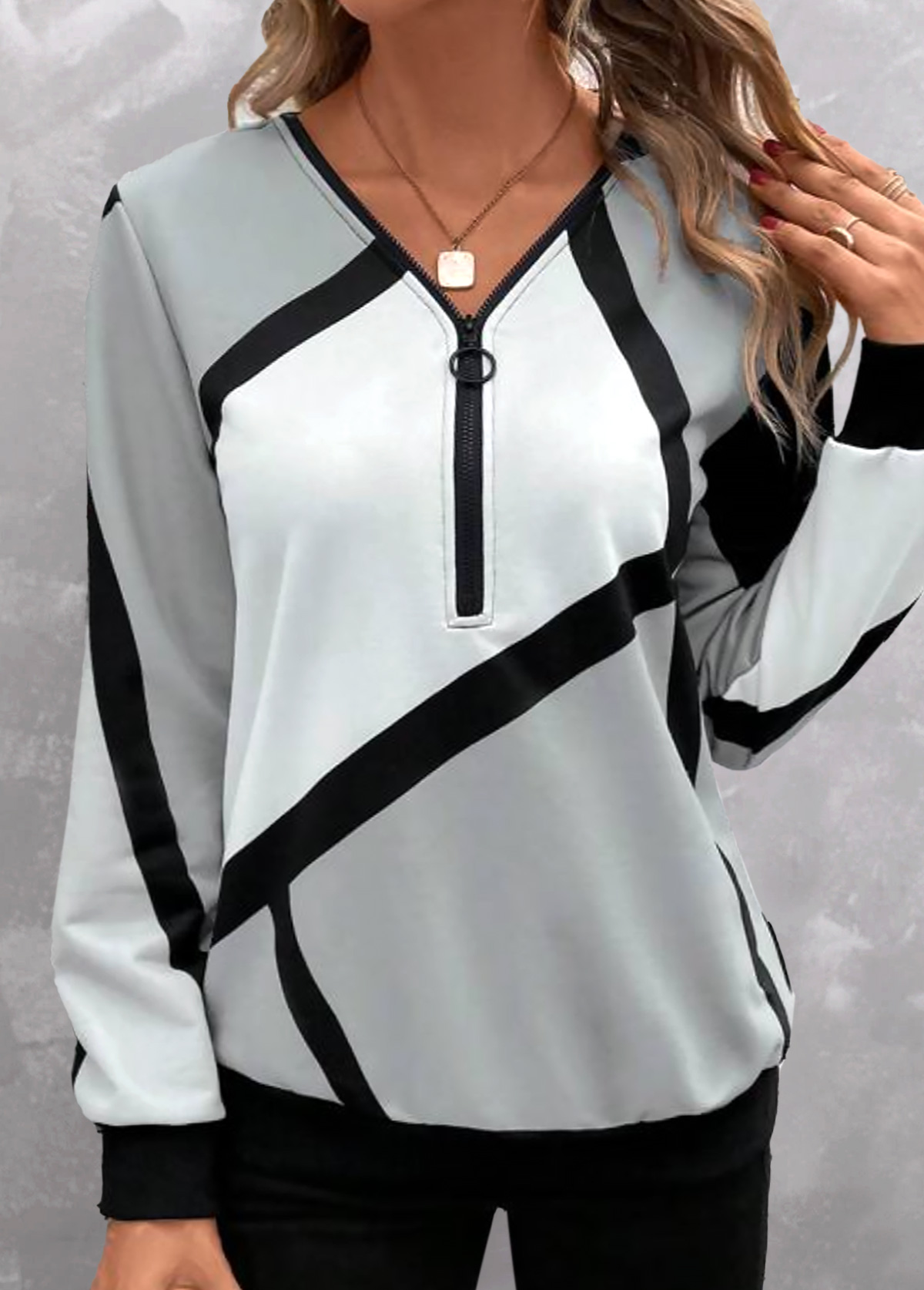 Light Grey Zipper Geometric Print Long Sleeve Sweatshirt