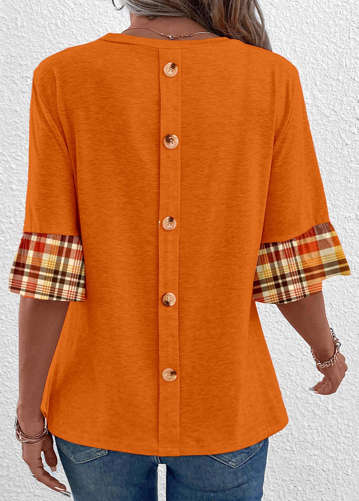 Orange Patchwork Plaid Long Sleeve T Shirt