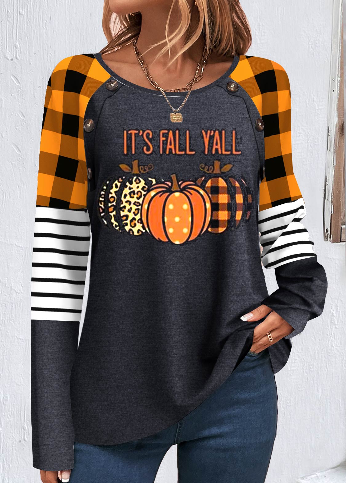 Orange Patchwork Halloween Print Long Sleeve Sweatshirt