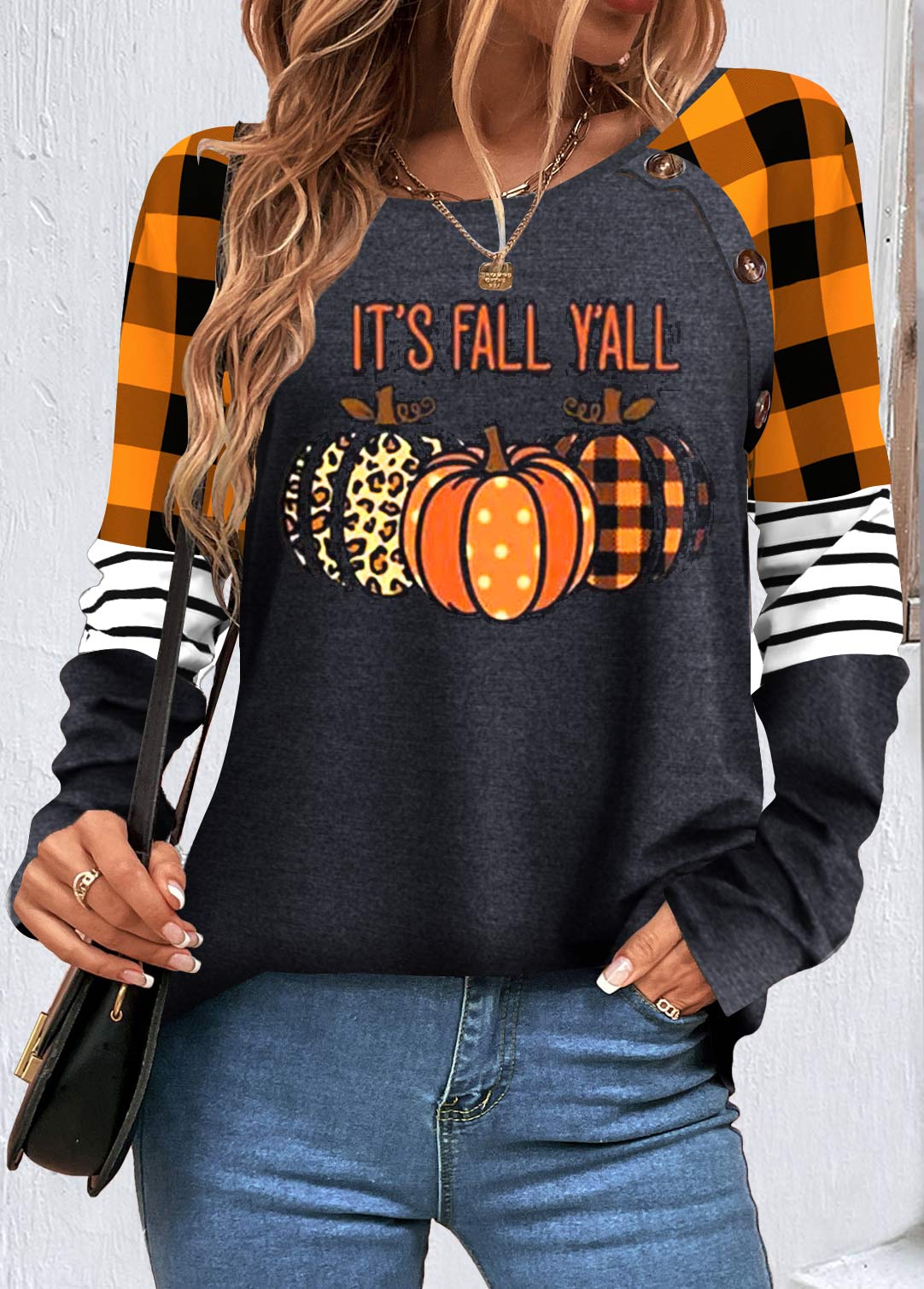 Orange Patchwork Halloween Print Long Sleeve Sweatshirt