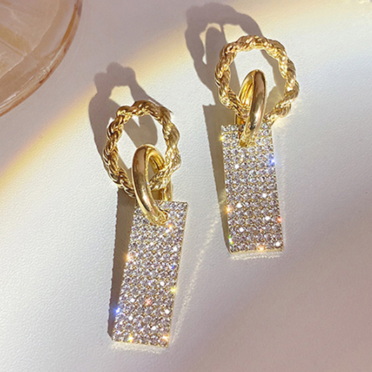 Gold Rectangle Rhinestone Circular Detail Earrings