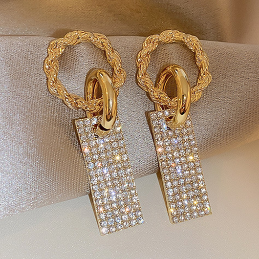 Gold Rectangle Rhinestone Circular Detail Earrings