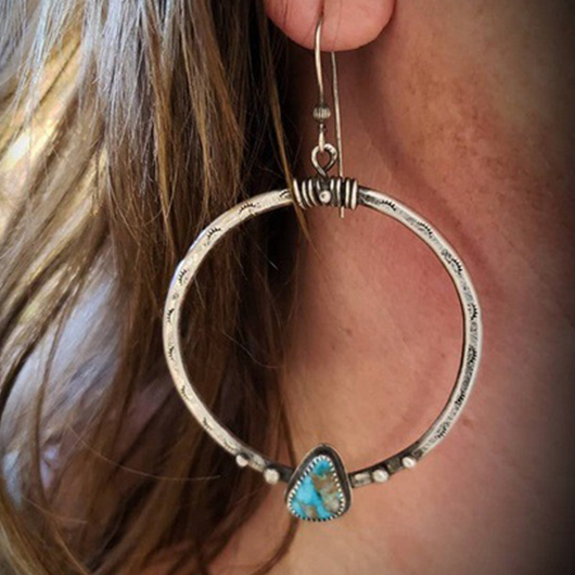 Turquoise Round Metal Detail Retro Earrings