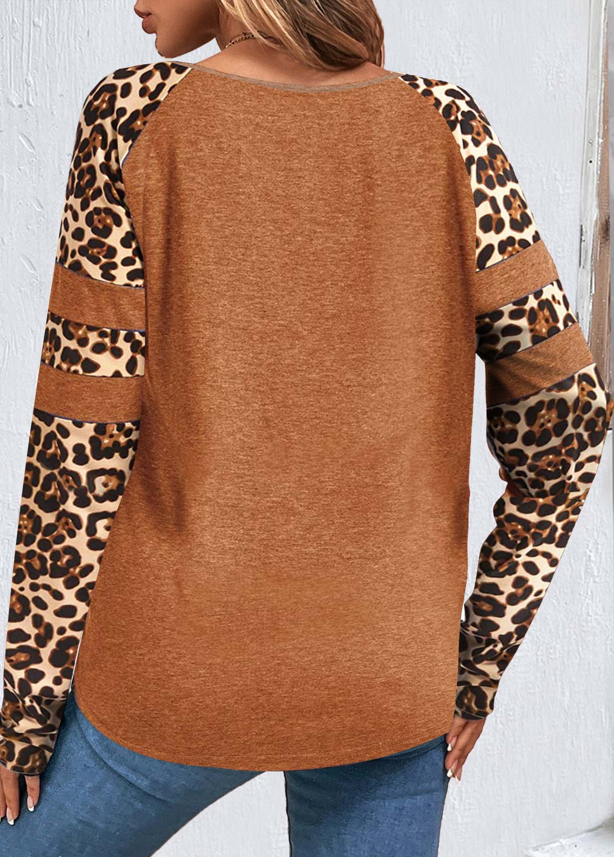 Dark Camel Patchwork Leopard Long Sleeve T Shirt