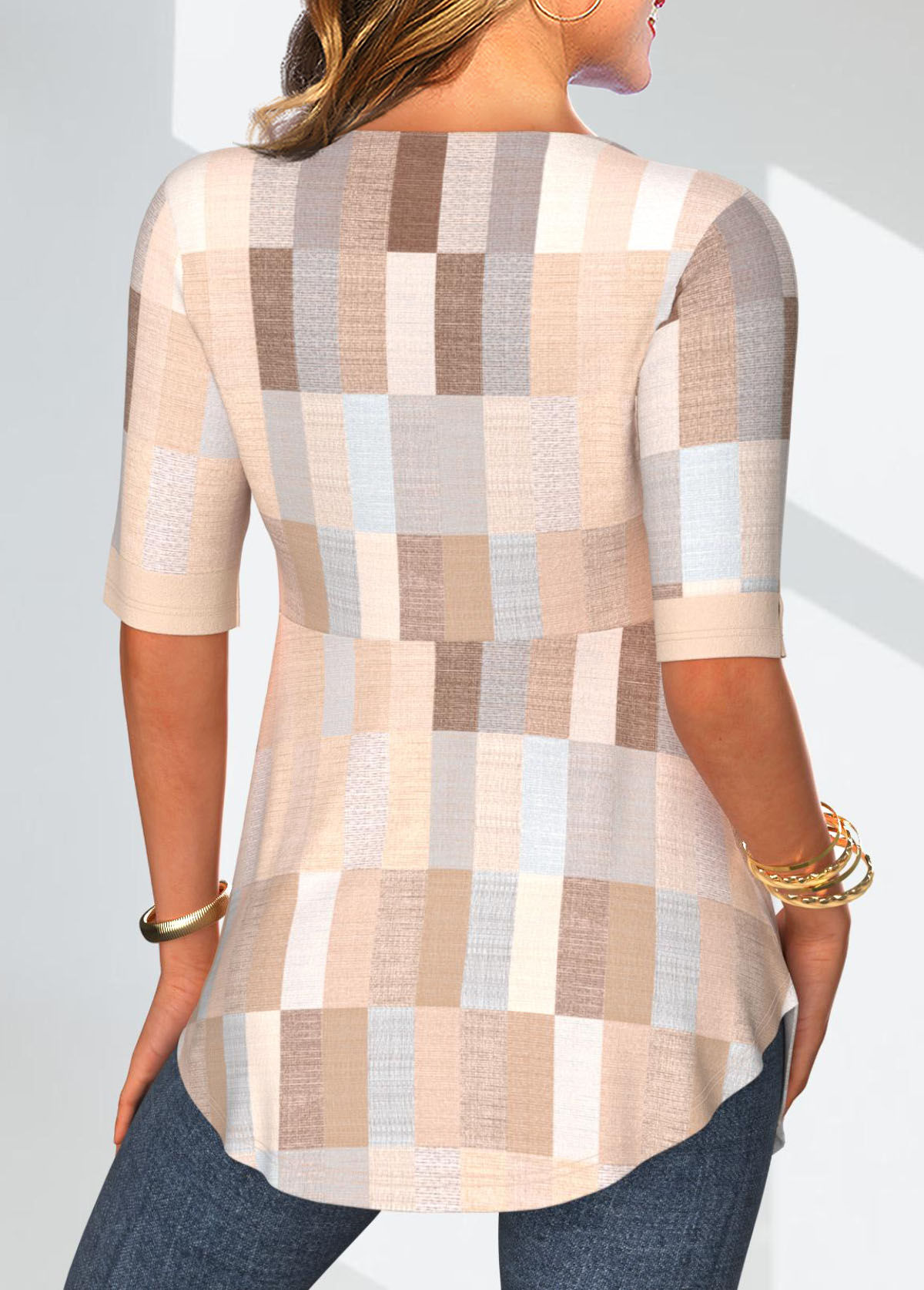 Beige Geometric Print Half Sleeve Fake Two Piece Twinset | picture 