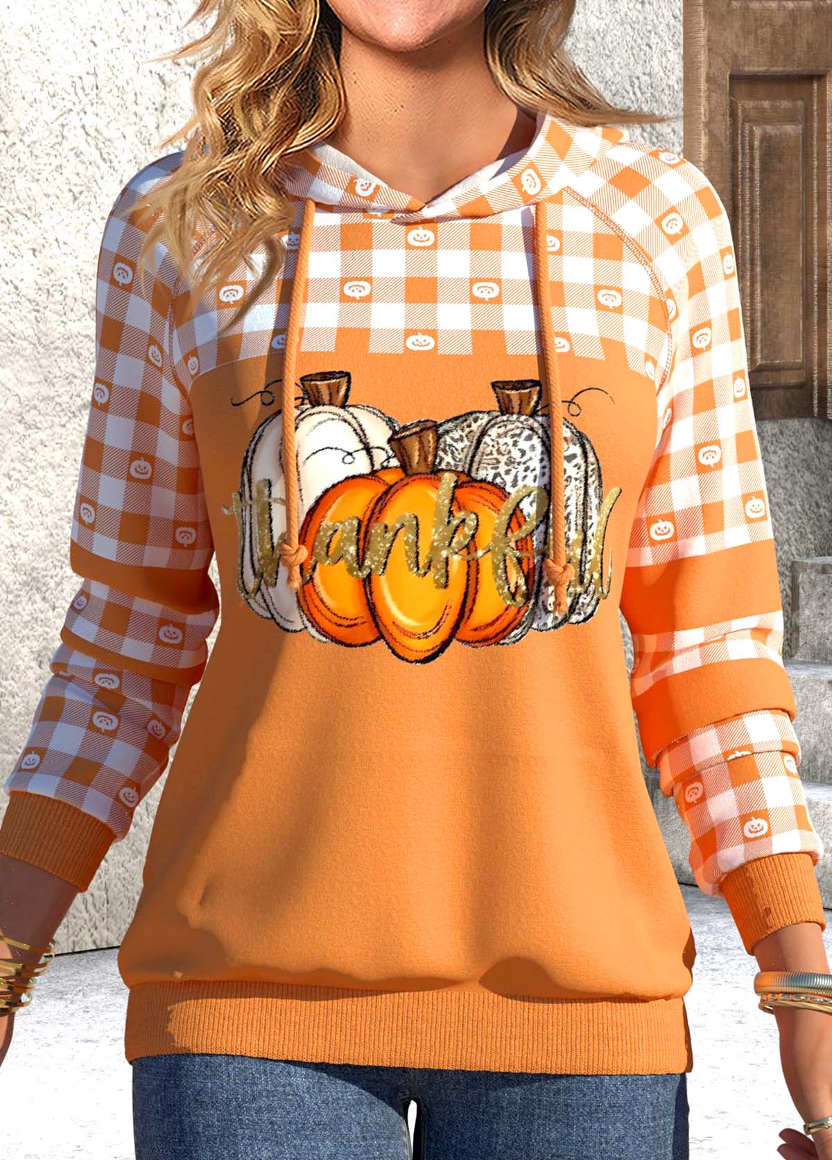 Neon Orange Halloween Pumpkin Print Long Sleeve Hoodie | modlily.com - USD 35.98