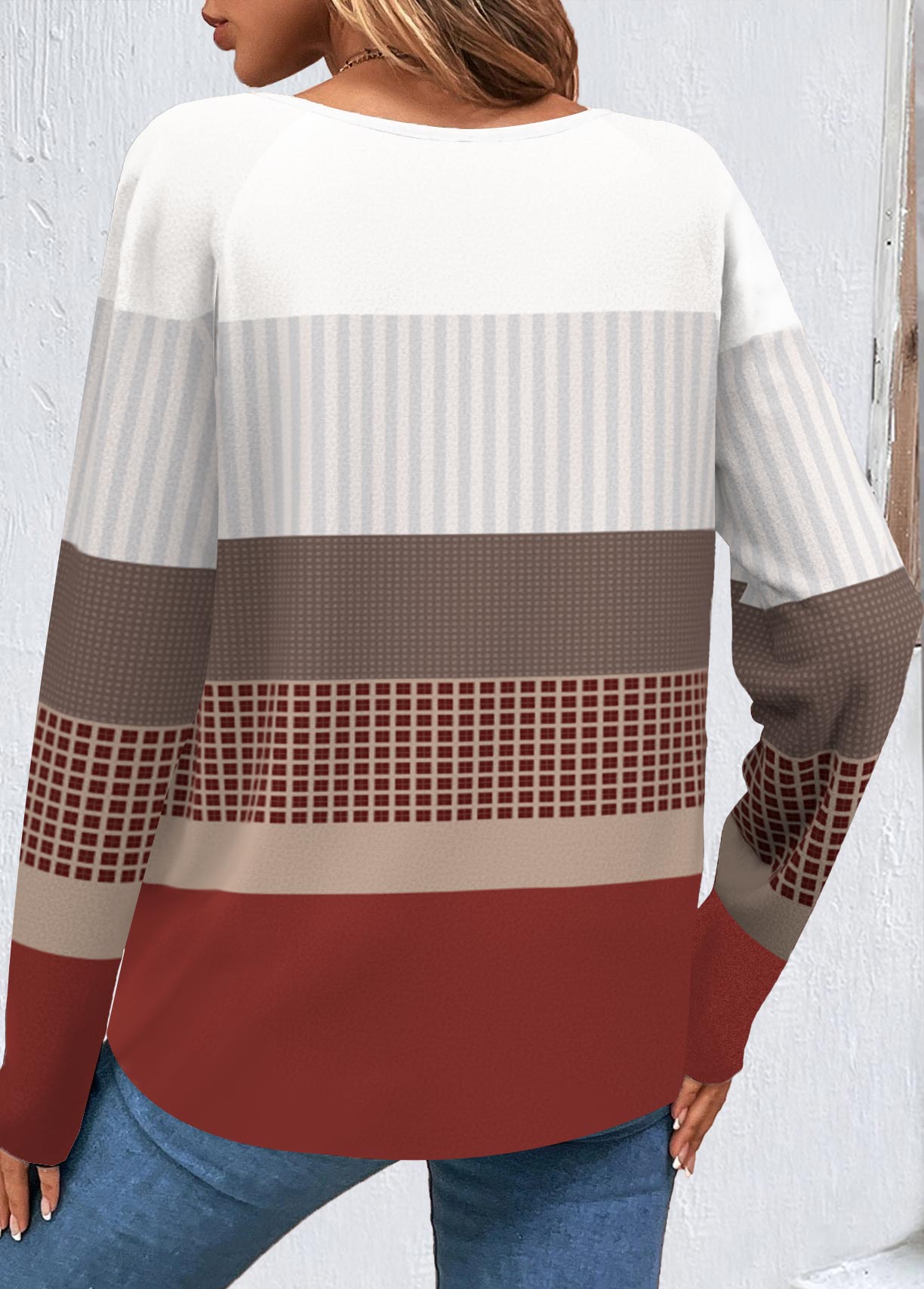 Plus Size Wine Red Patchwork Geometric Print Sweatshirt | picture 