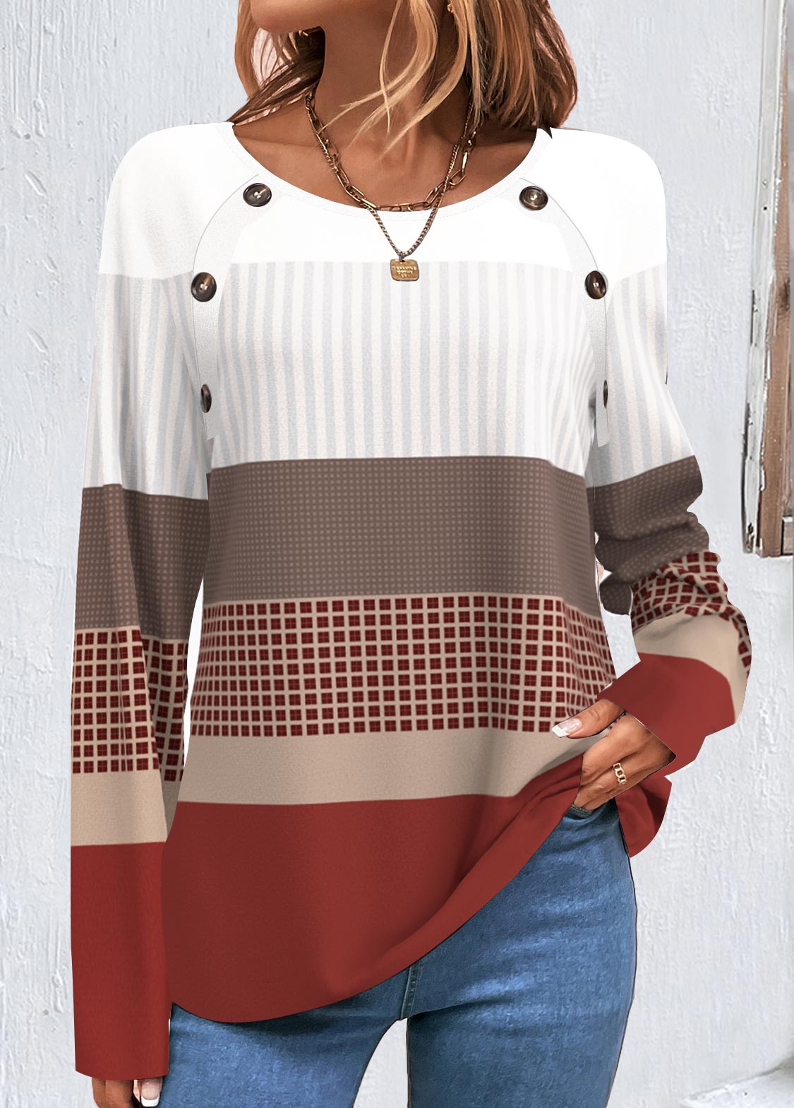 Plus Size Wine Red Patchwork Geometric Print Sweatshirt | picture 