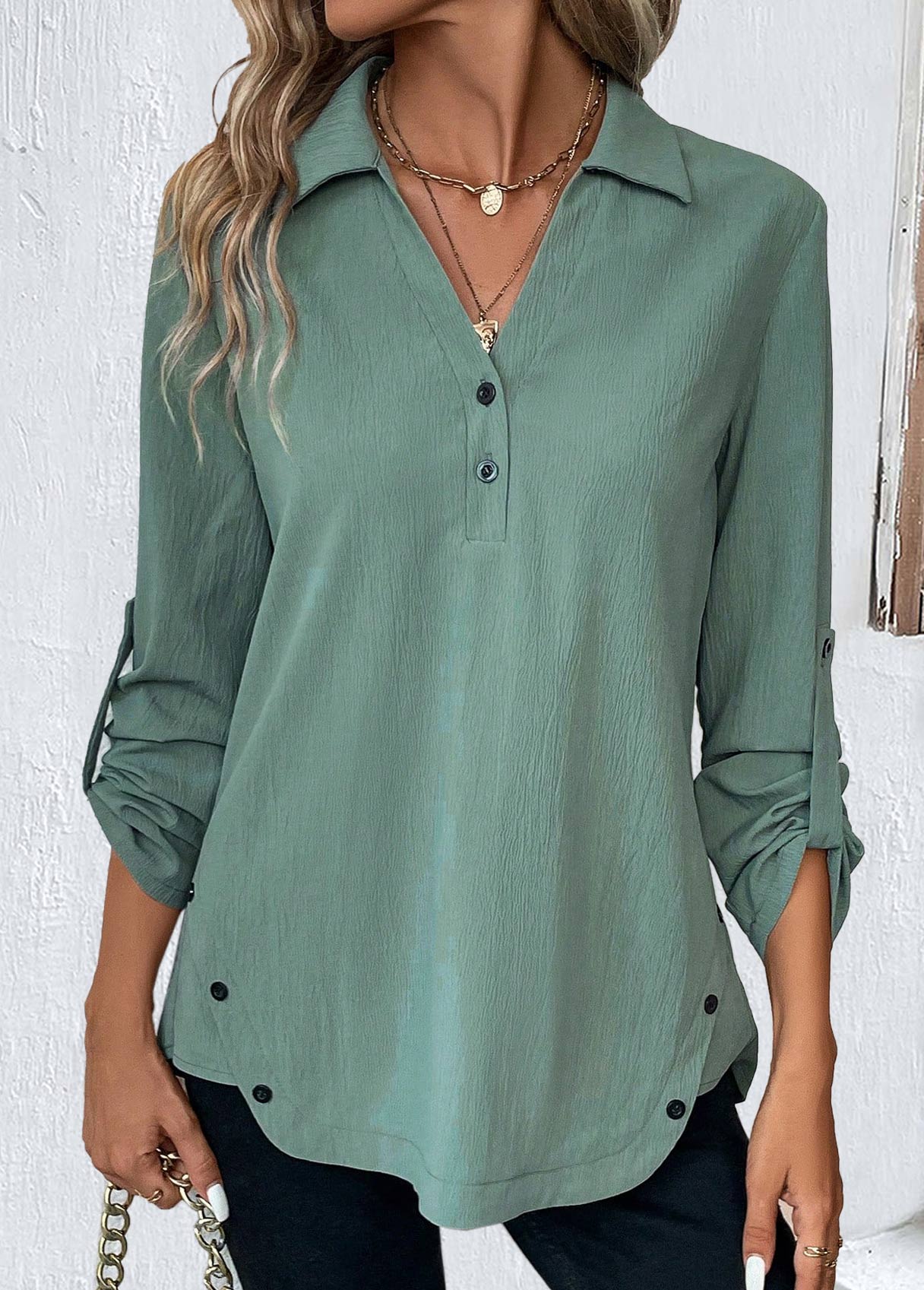 Sage Green Button Long Sleeve Shirt Collar Blouse | picture 