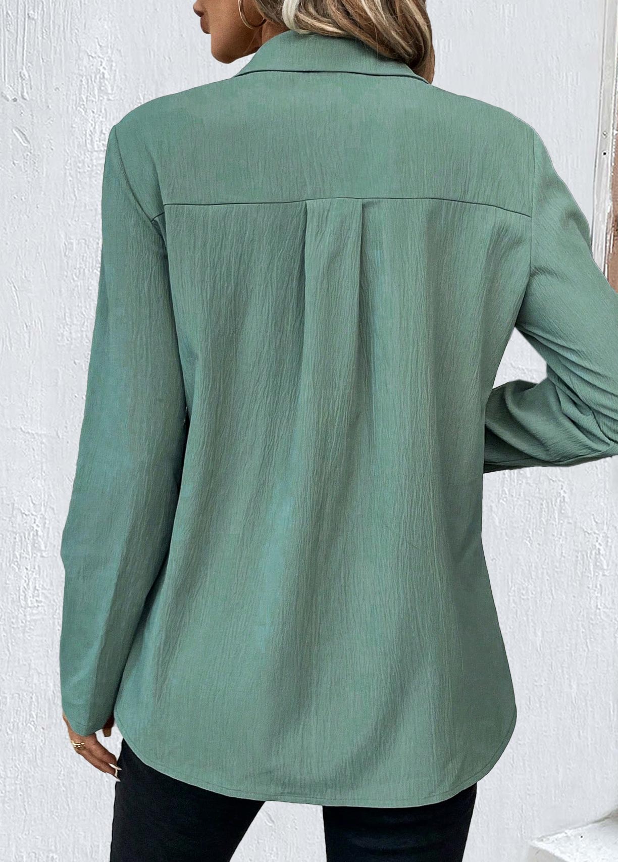 Sage Green Button Long Sleeve Shirt Collar Blouse | picture 