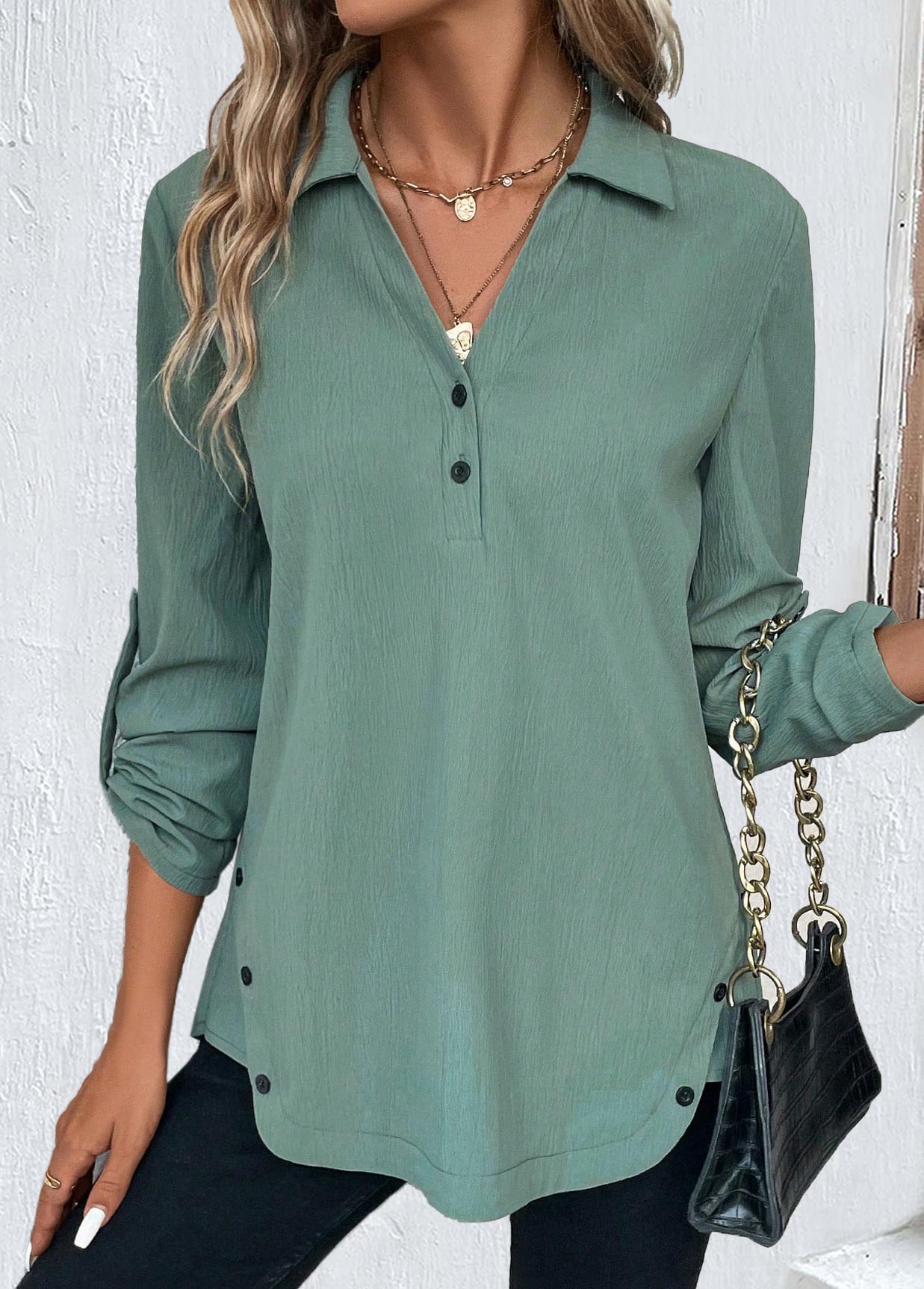 Sage Green Button Long Sleeve Shirt Collar Blouse | modlily.com - USD 32.98