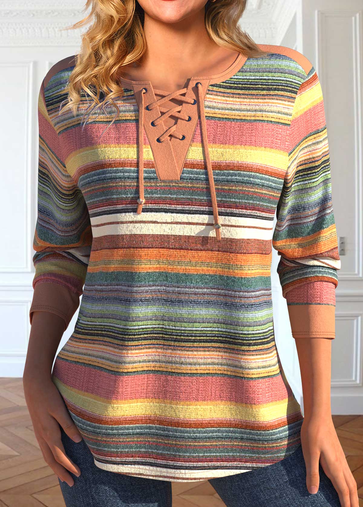 Multi Color Lace Up Long Sleeve T Shirt