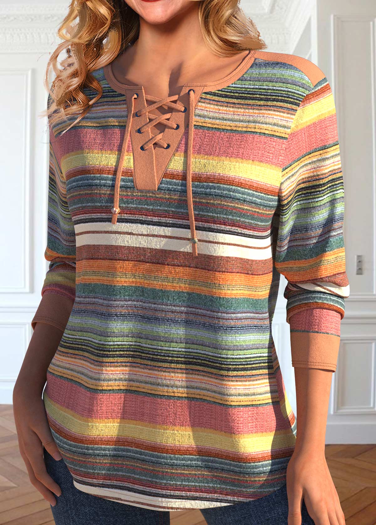 Multi Color Lace Up Long Sleeve T Shirt | picture 