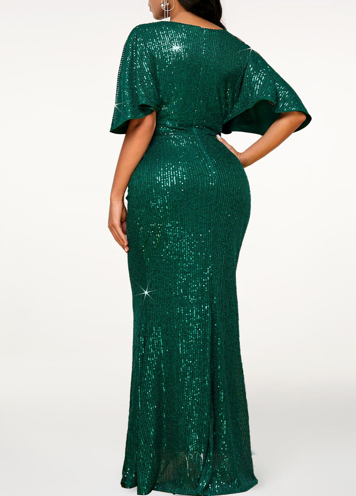 Blackish Green Sequin Half Sleeve Maxi Bodycon Dress