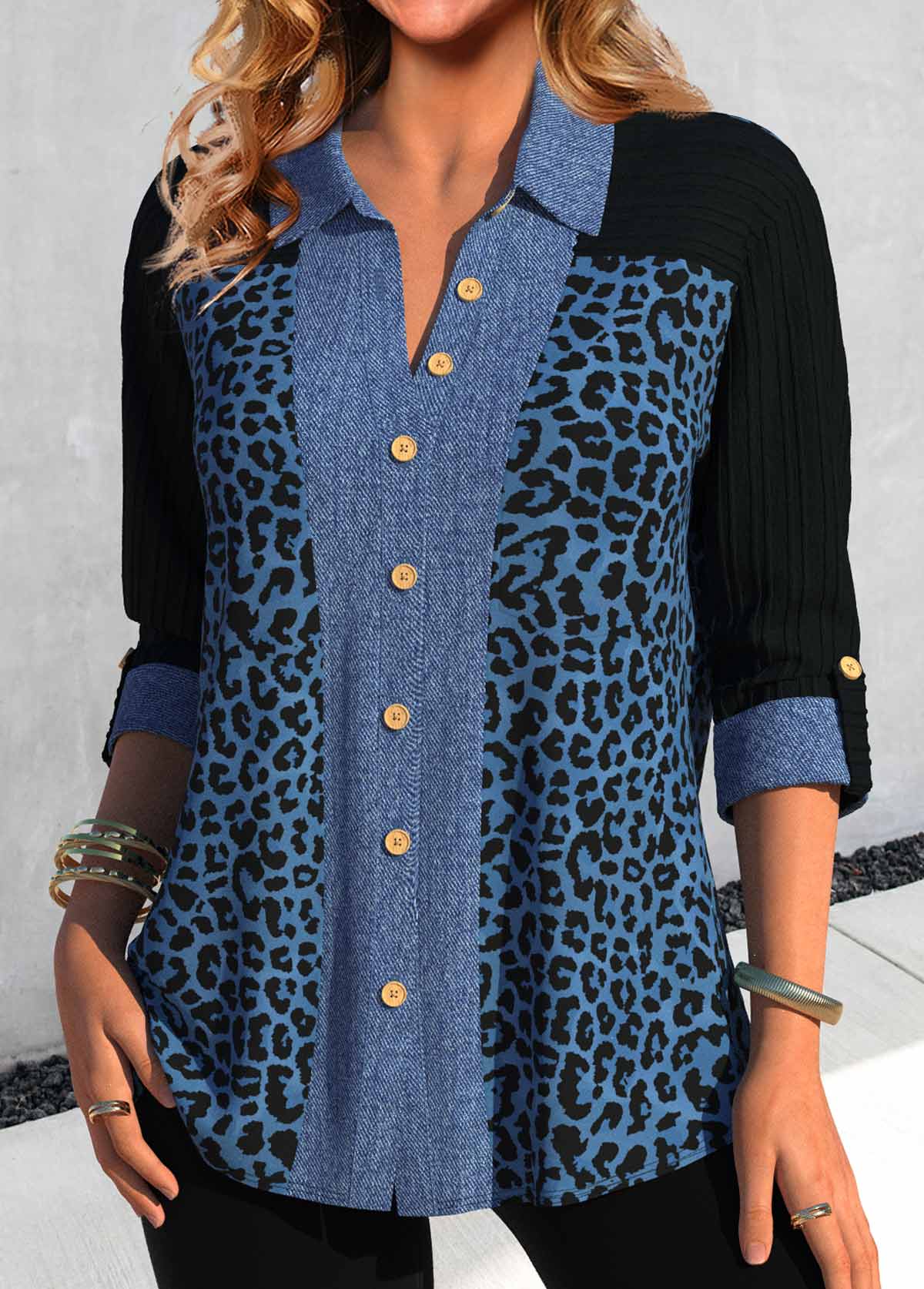 Denim Blue Patchwork Leopard Long Sleeve Blouse