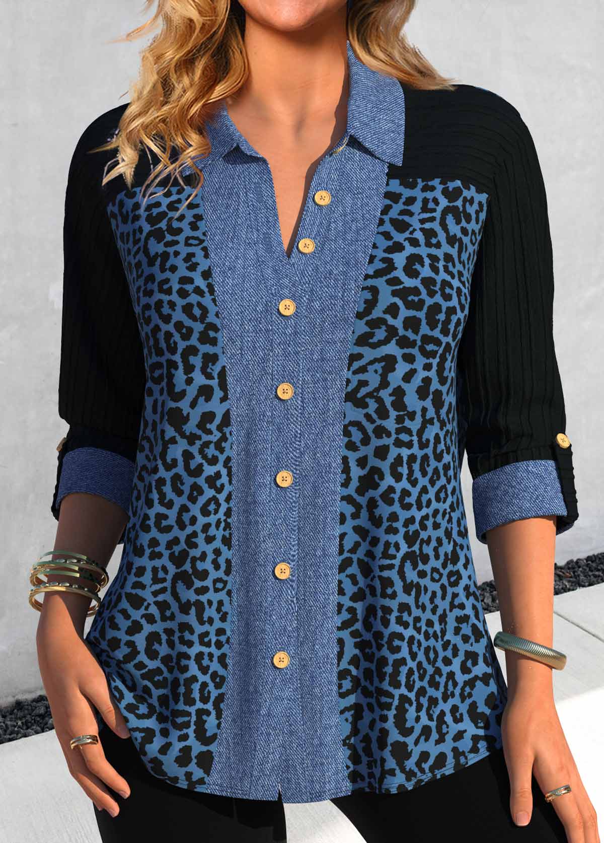 Denim Blue Patchwork Leopard Long Sleeve Blouse