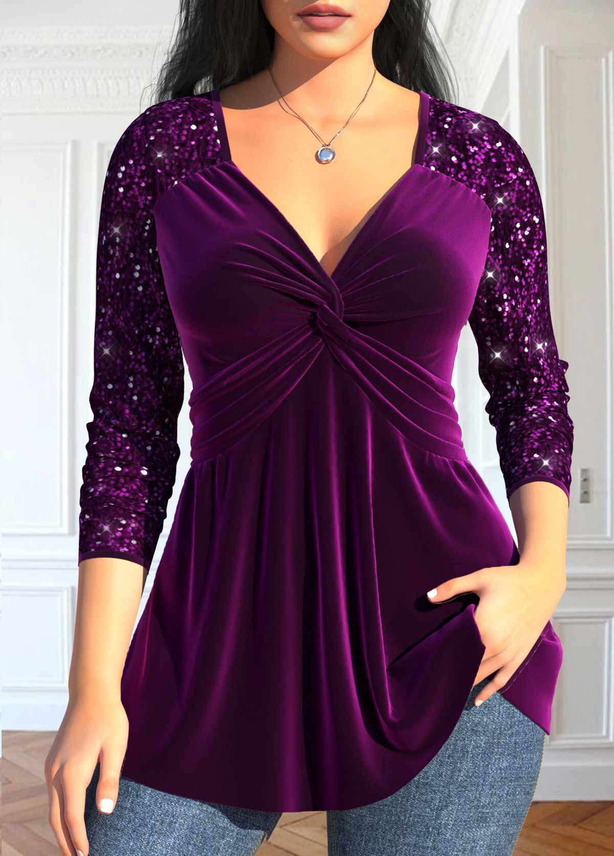 Purple Sequin Long Sleeve V Neck T Shirt