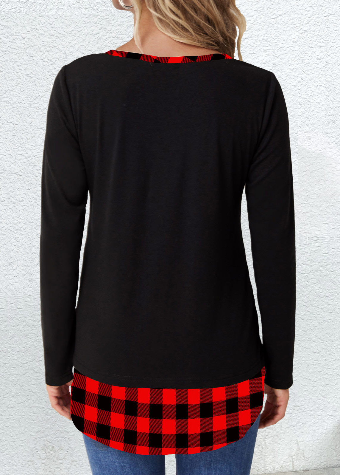Black Patchwork Plaid Long Sleeve T Shirt