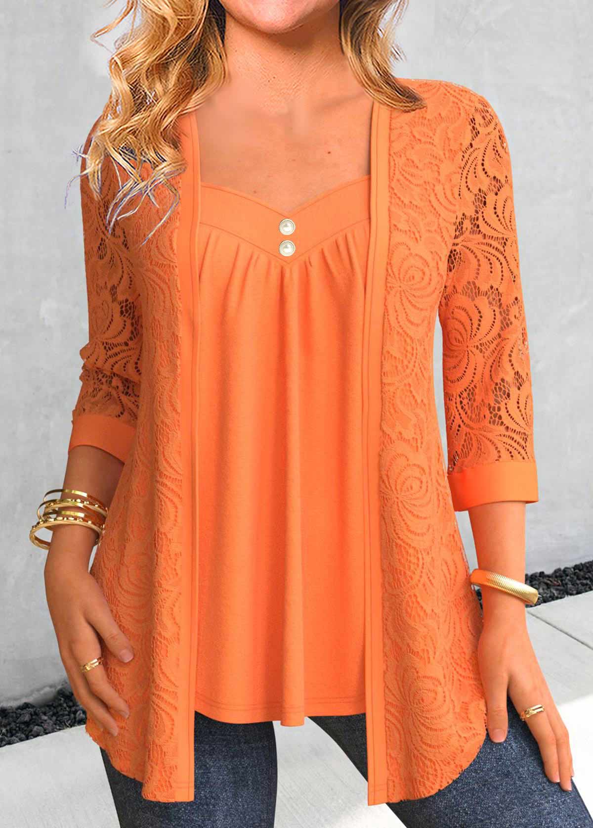 Orange Lace Three Quarter Length Sleeve T Shirt