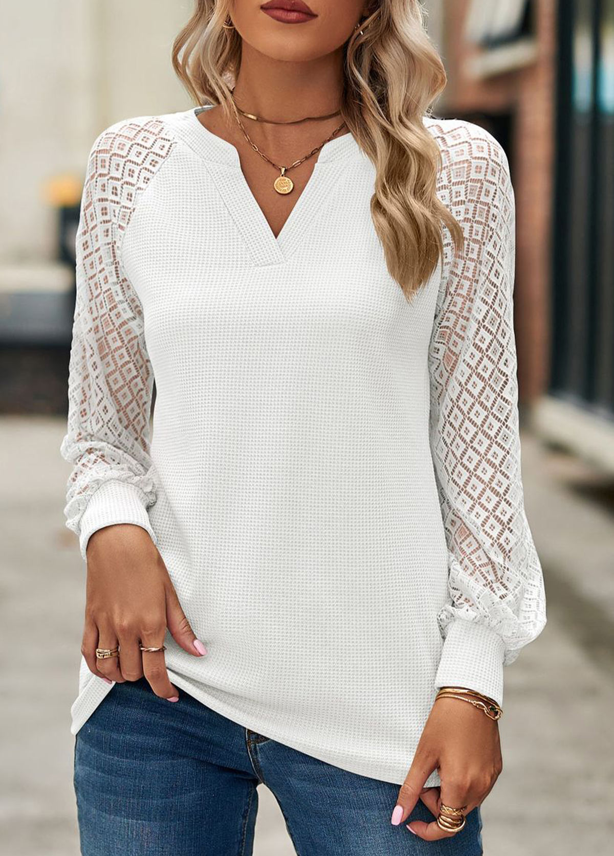 White Lace Long Sleeve Split Neck T Shirt