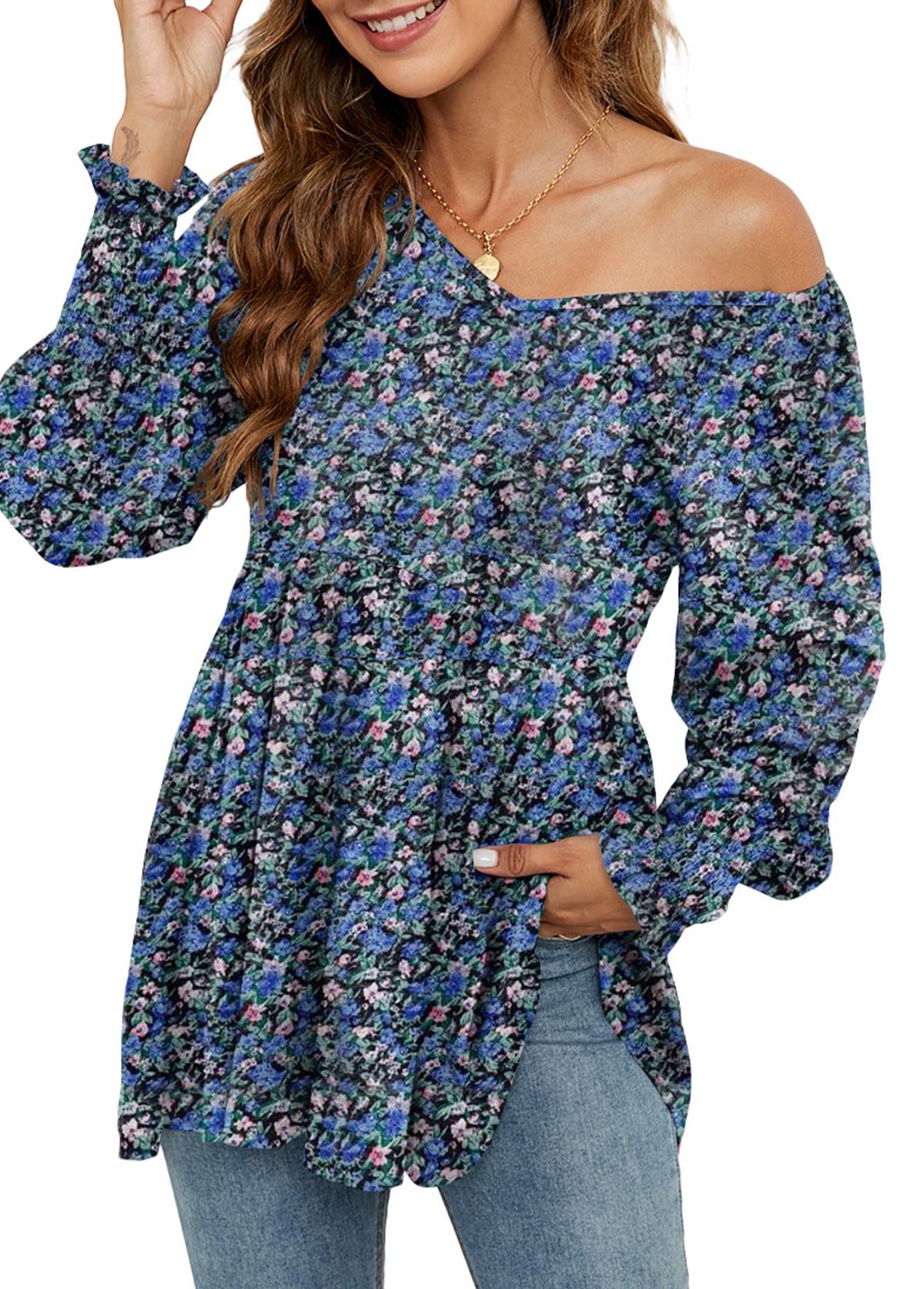Navy Smocked Ditsy Floral Print Long Sleeve Blouse